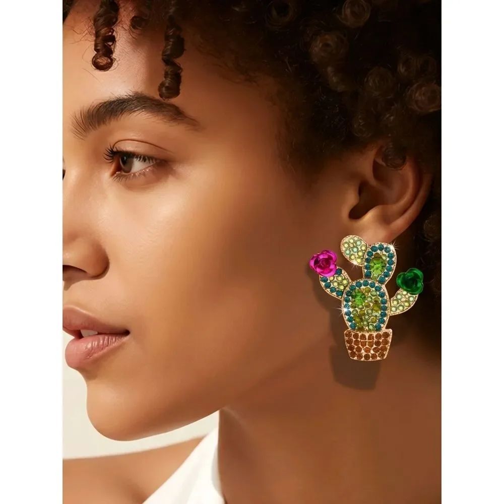 Cactus Statement Earrings Green Rhinestone Saguaro Gold Sparkly Pave Arizona